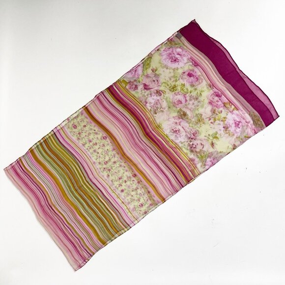Italy Made Floral Roses Striped Pink Silk Scarf - Picture 4 of 9